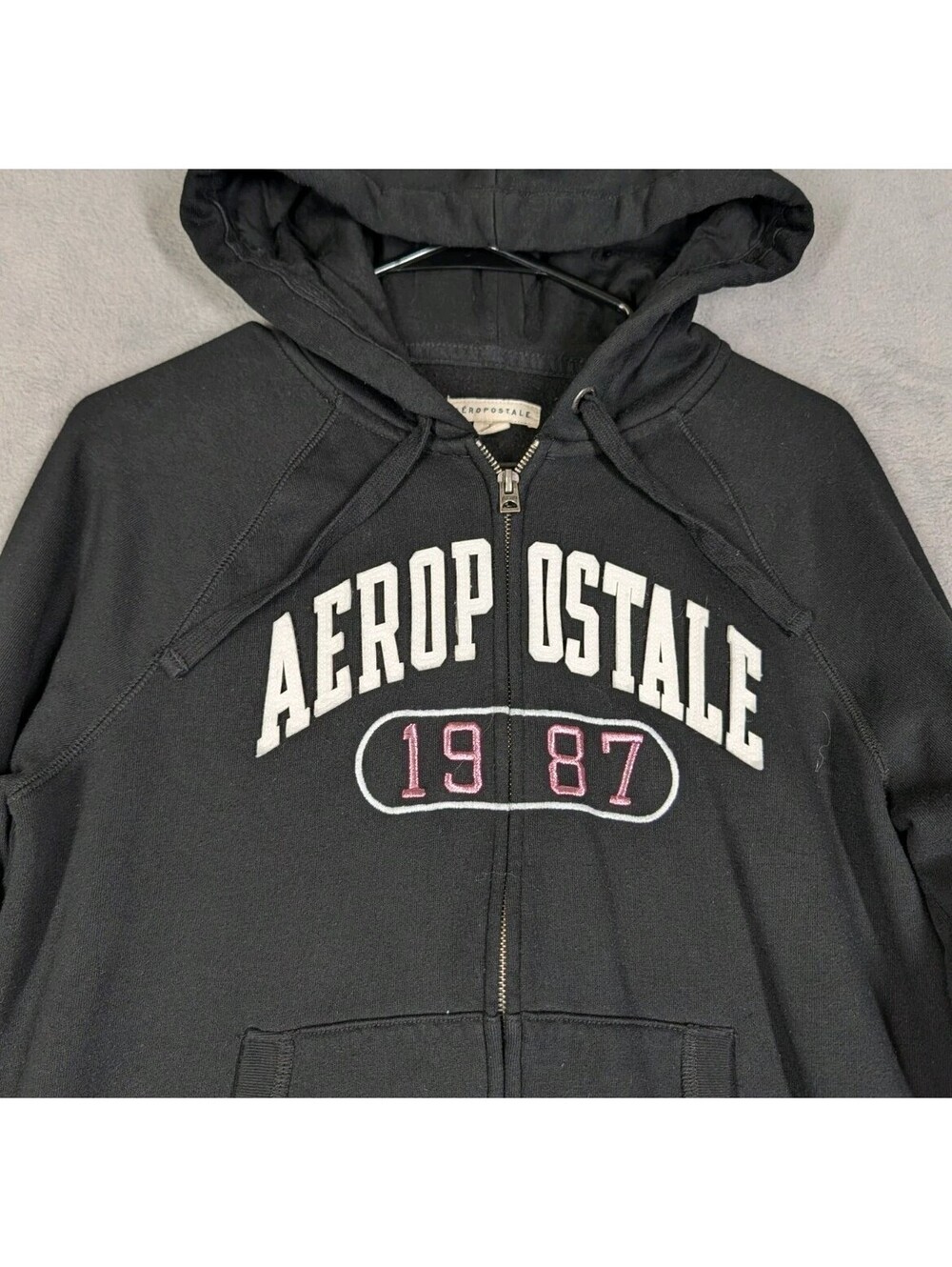 Aeropostale Womens L Black Full Zip Hoodie 1987 Spellout Logo Sweatshirt Y2K 00s
